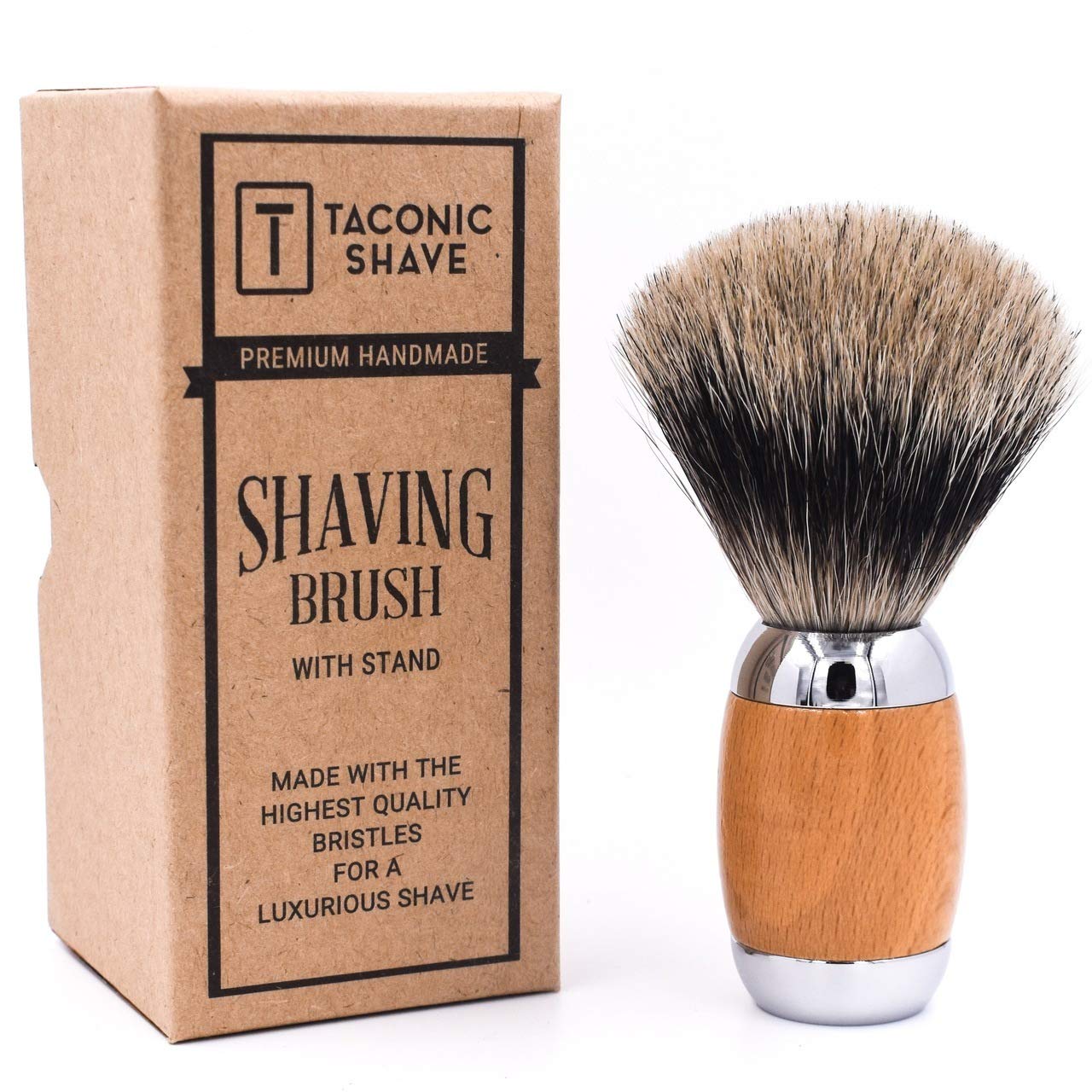 Taconic Shave S Extra Denso 100% de 3 Bandas Puro Lujo Tejón Brocha de afeitar Con Lujo de Madera de Haya y la Manija Cromo, Afeitado Soporte Incluido