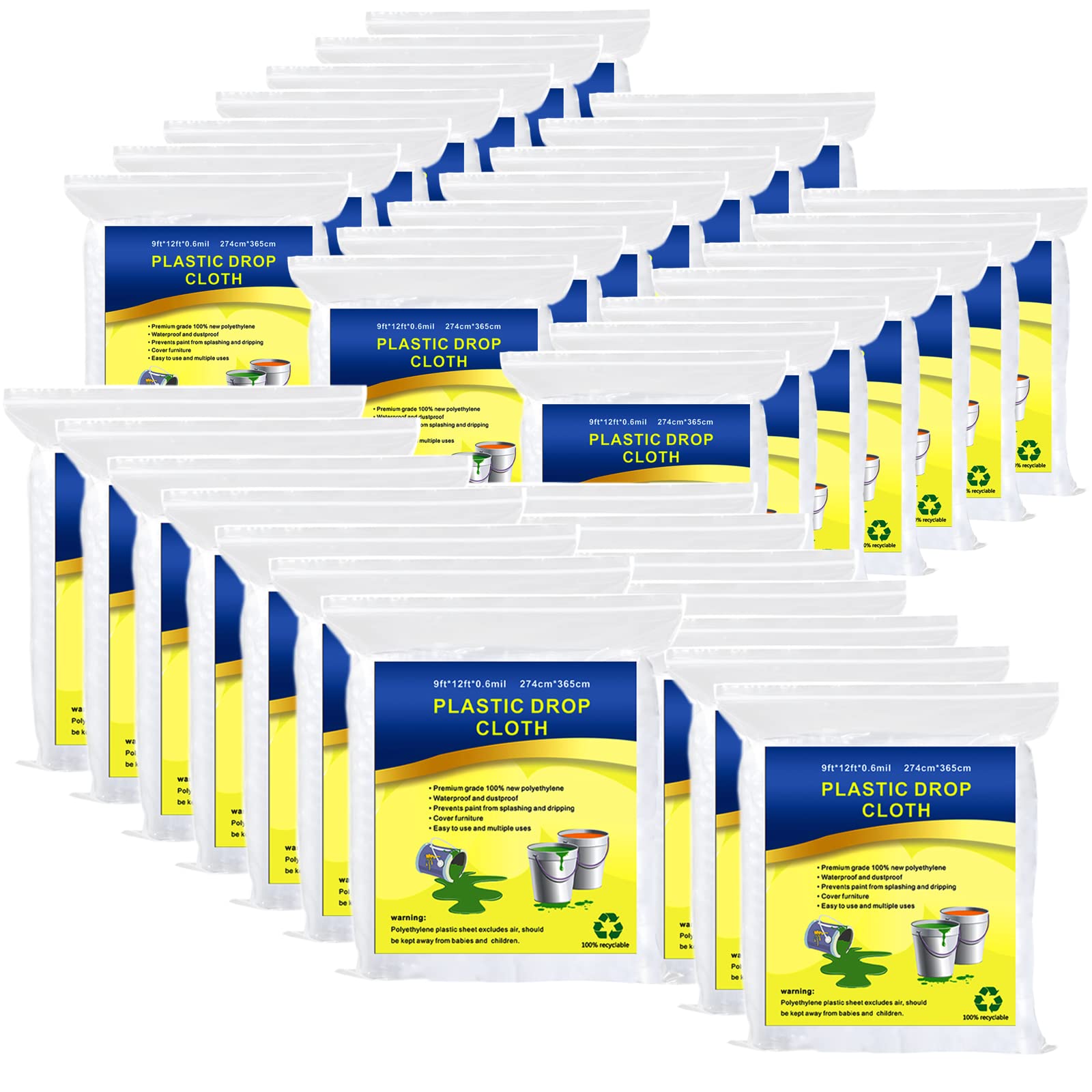 Cedolio 35 Pieces Plastic Drop Cloth, Multiple Waterproof Cloth Sheets for Painting, Dust-Proof and Rustproof, 20 Pieces 9x12 Feet Tarp, Furniture Cover