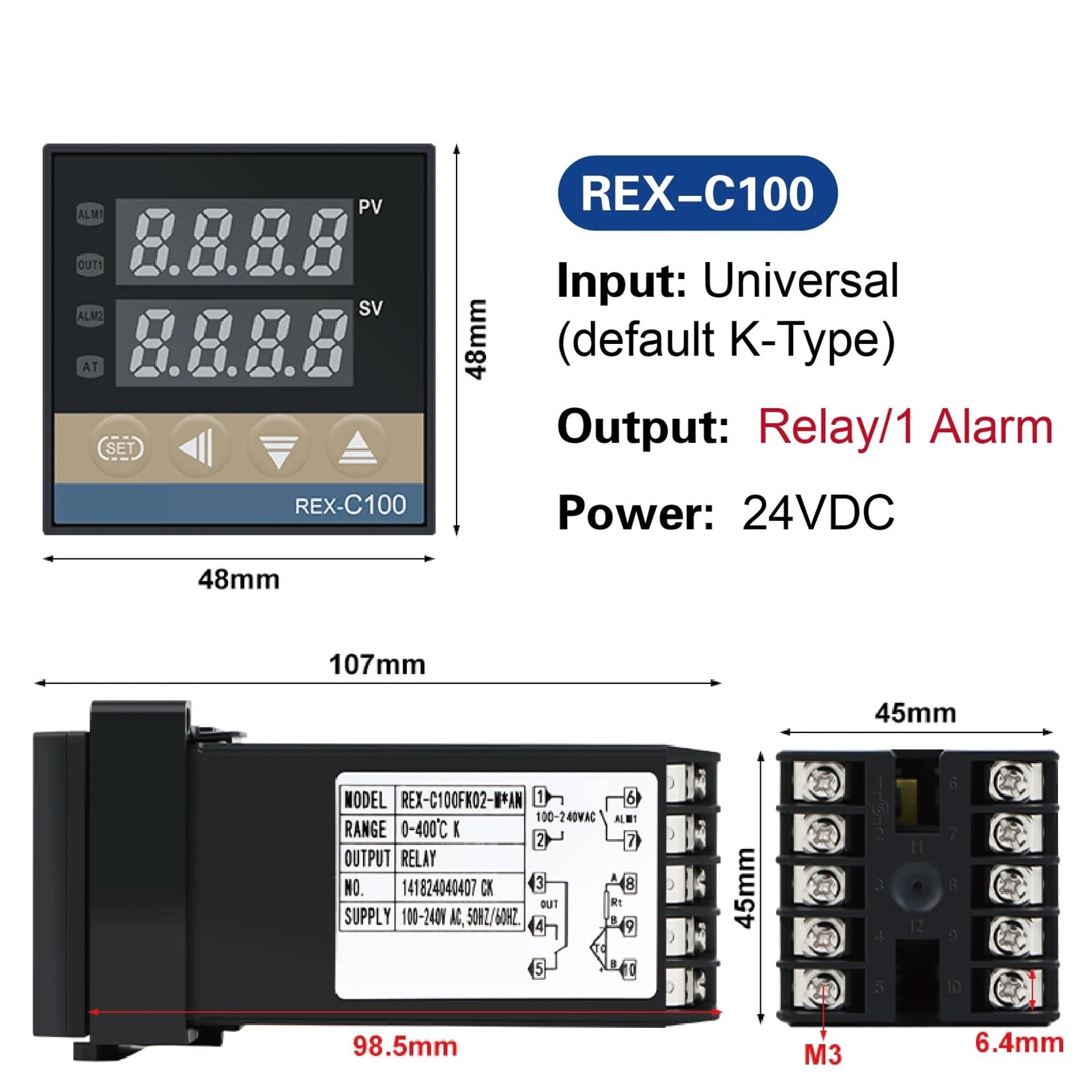 Controlador de temperatura PID digital REX-C100, salida de relé de estado sólido, instrumento de termostato industrial(Blue)