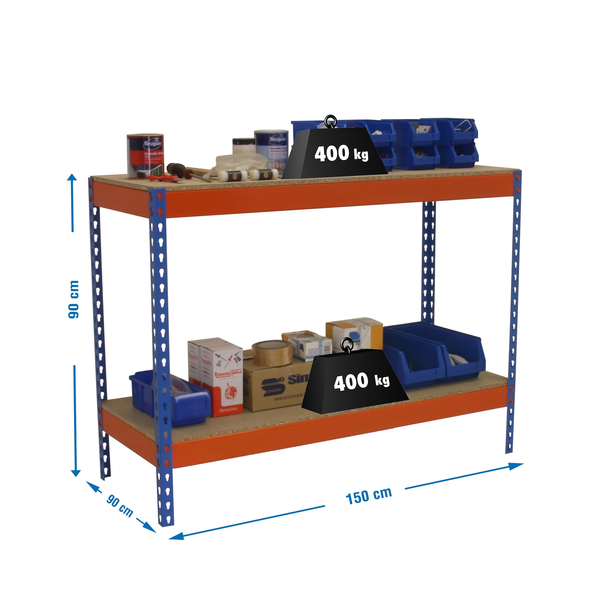 Simon Rack Banco de Trabajo Taller 1500x900 mm - BT Basic | Capacidad Carga 400 kg, Montaje sistema clic, Pintura anticorrosión, Azul/Naranja