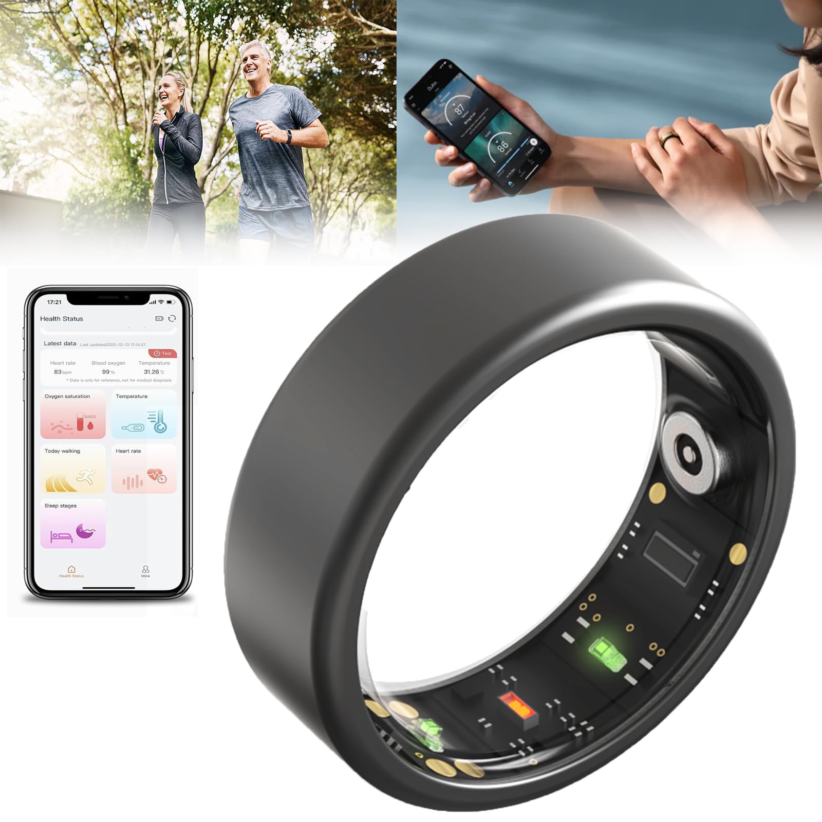 Anillo Inteligente para Mujeres y Hombre, Smart Ring con Bluetooth 5.1,Monitor de Ritmo Cardíaco,HRV,Saturación de Oxígeno en Sangre,Temperatura Corporal,Sueño,Compatible con iOS y Android,Black-#9