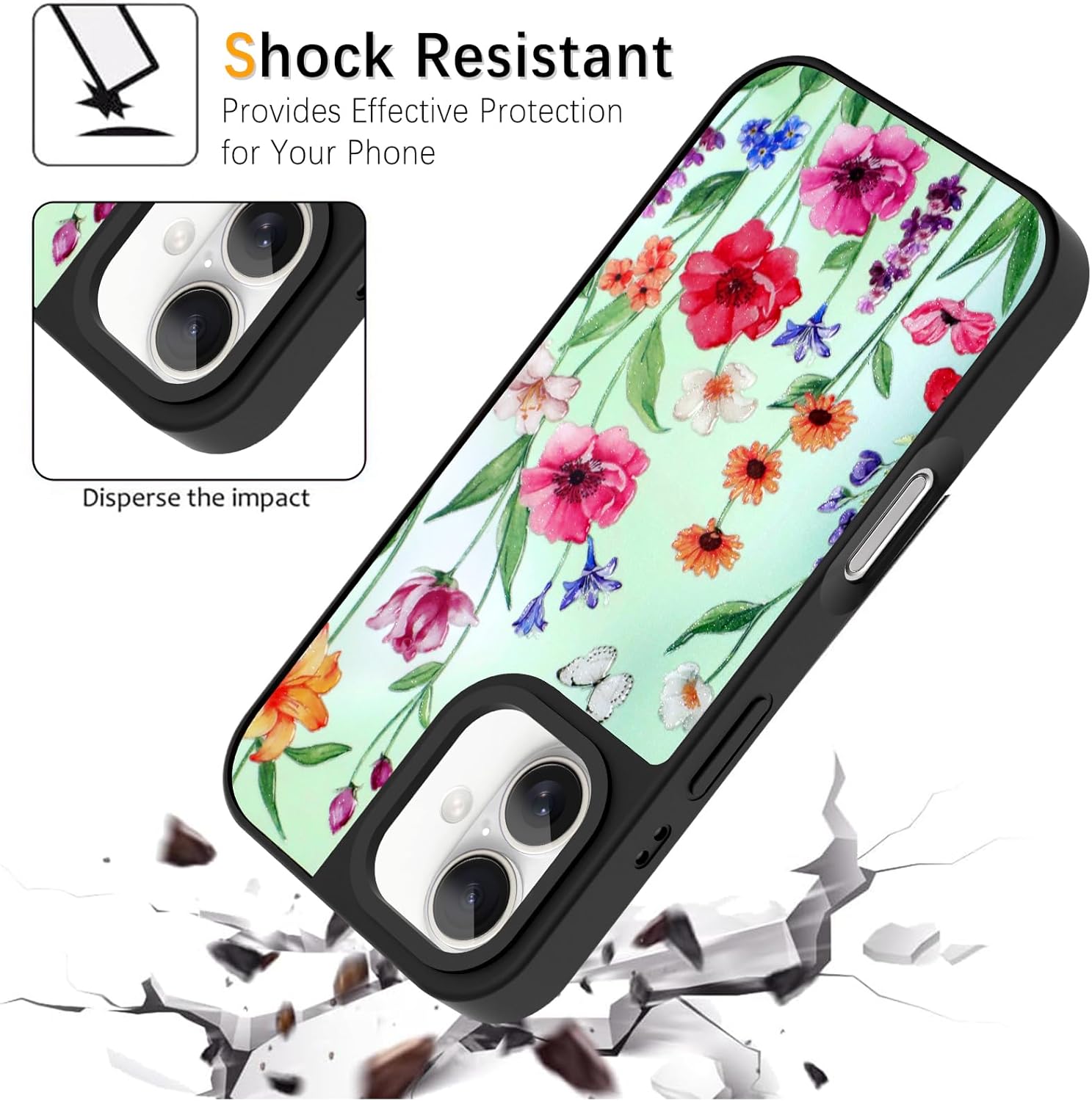 for iPhone 16 Case Glitter Floral Design for Women, Cute 3D Flowers Pattern Aesthetic Shockproof Protective Hard Shell Wireless Phone Cover, Matcha