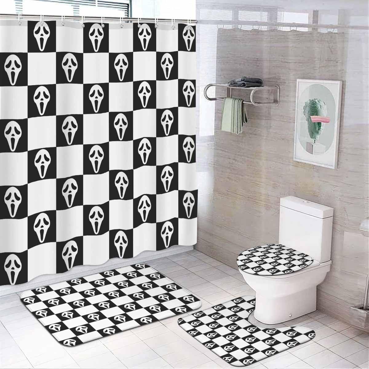Horror Face Bathroom Set, 4-Piece with Shower Curtain 71x71, Bath Mat, Contour Rug, Toilet Lid Cover, Black and White Checkerboard Pattern