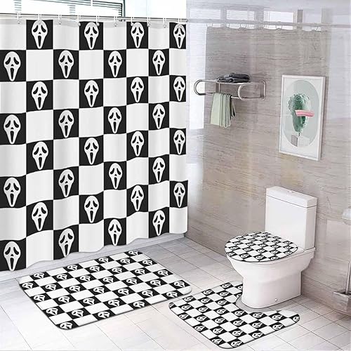 Horror Ghost Face - Juego de baño de 4 piezas con cortina de ducha de 71 x 71 pulgadas, tapete de baño, alfombra de contorno, cubierta para tapa de