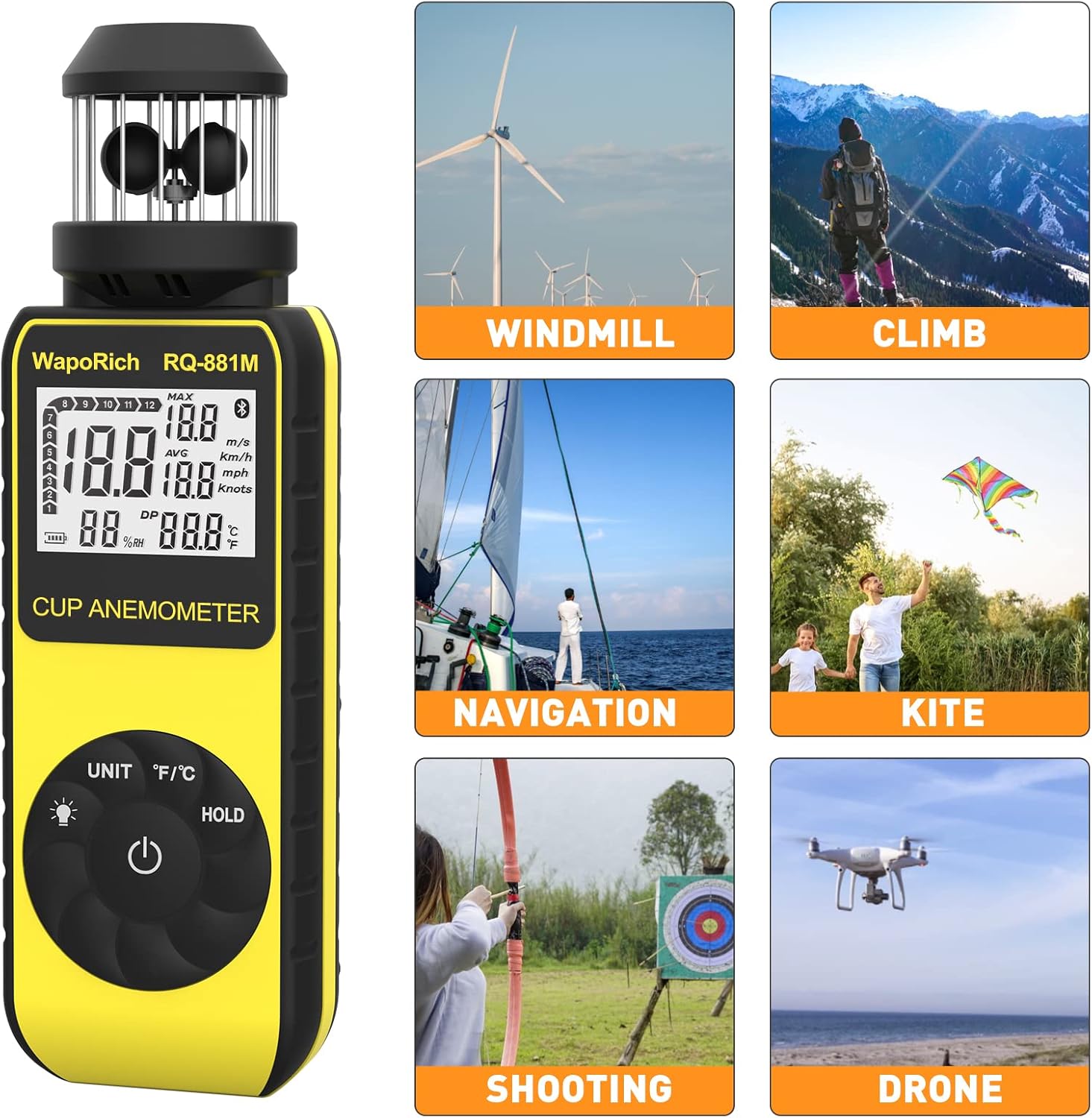 4-Cup Anemometer 0.7–42 m/s, WapoRich Handheld Wind Speed Meter for Any Direction, Digital Air Flow Meter with Temp, Compass, Backlit LCD for HVAC, Sailing, Outdoor