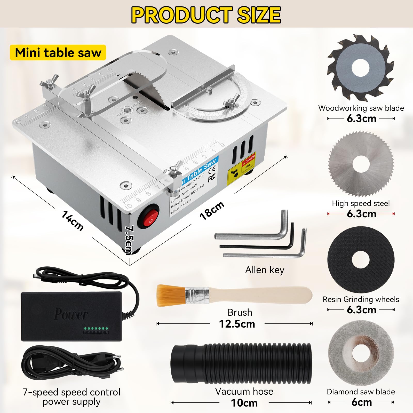 Mini sega circolare da tavolo con 4 lame, sega da tavolo di precisione da 96 W, alimentatore di rete a 7 velocità, lama regolabile in altezza 0,1-15 mm, sega circolare da tavolo portatile per progetti