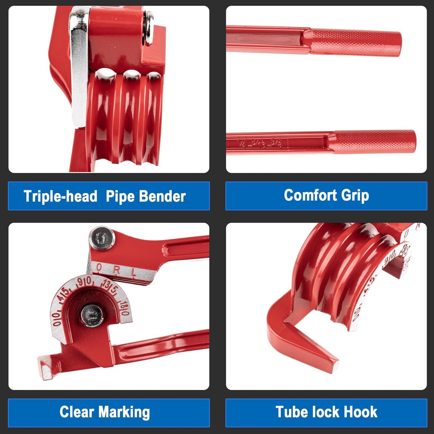UPTO DATE PRODUCTS Tubing Bender, 0-180 Degrees Tube Bender 3 In 1 Manual Pipe Bender Tool for 1/4 5/16 3/8 Inch Copper Aluminum Brass and Thin Steel Pipes(Red) 4