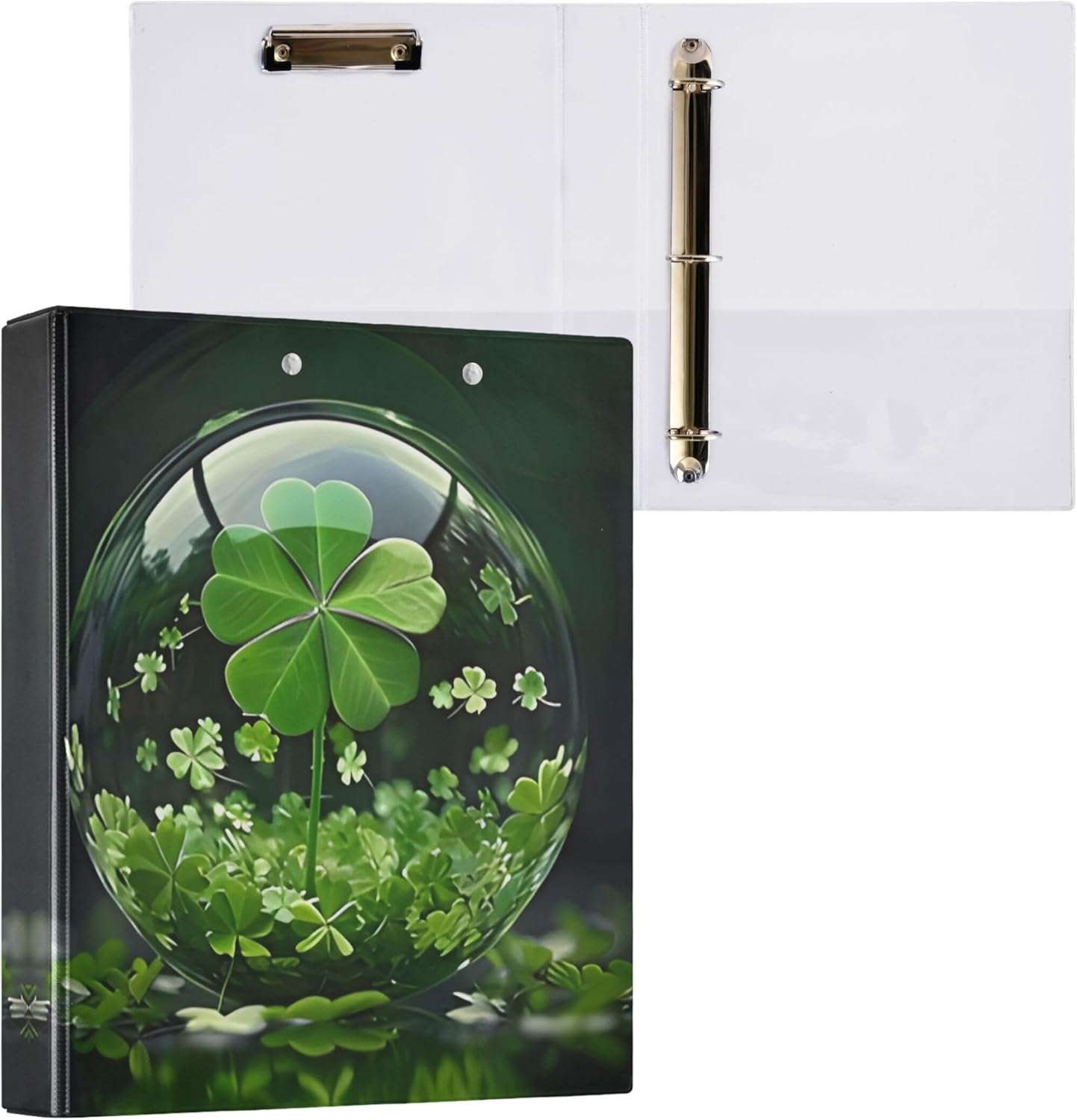 Green Clover Shamrock 3 Ring Binders, 1.5” Round Ring Binders with Clipboard - Letter Size, 3 Interior PVC Clear Pockets & Anti-Slip Clip for Office School Supplies, 2PCS