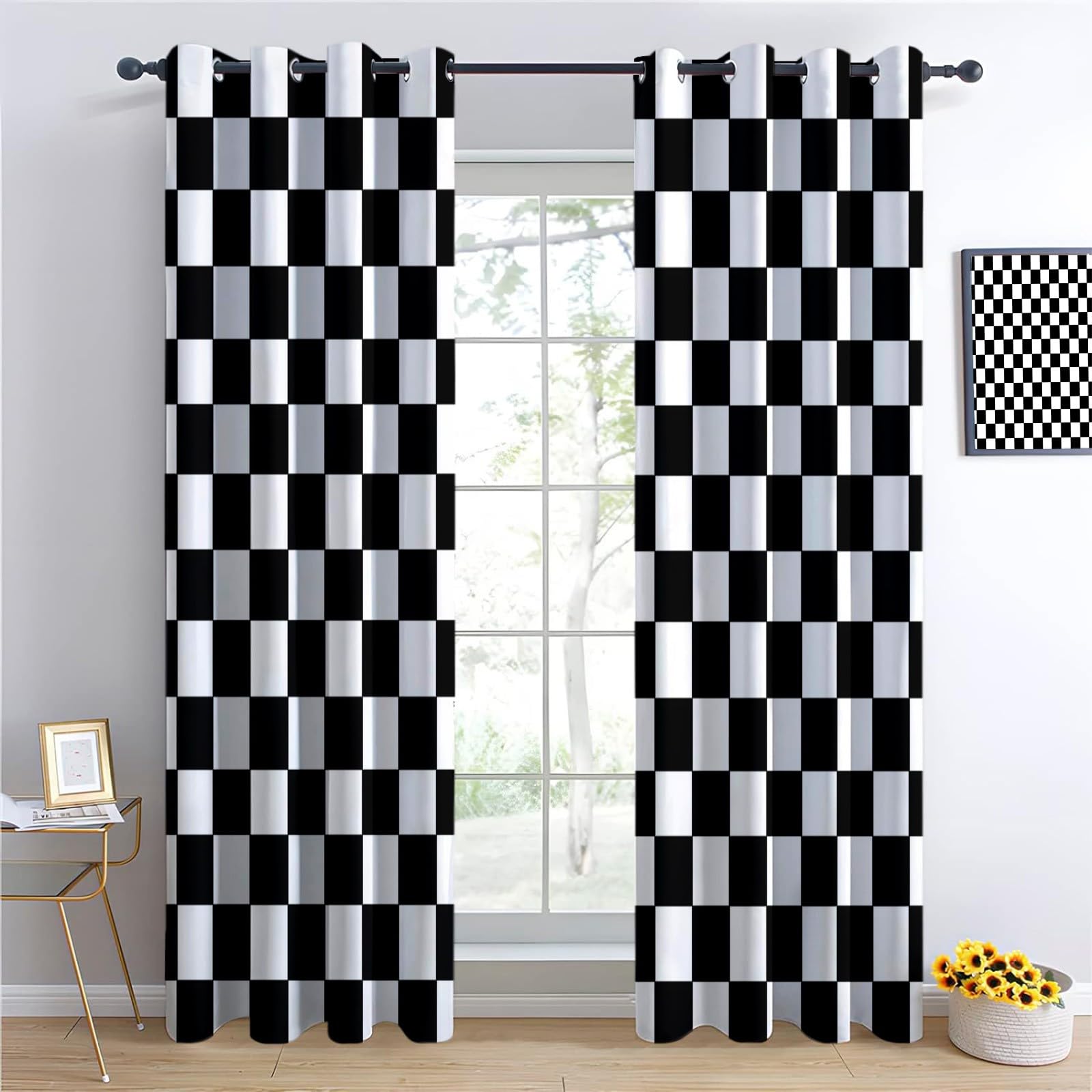 Rideau Occultant Thermiques Damier Noir Et Blanc Rétro Minimaliste - Lot De 2 Rideaux Noir Et Blanc pour Salon Chambre Fenetre Cuisine, Rideaux Et Draperies Intérieurs À Oeillets, 140 X 260 Cm (Lxh)