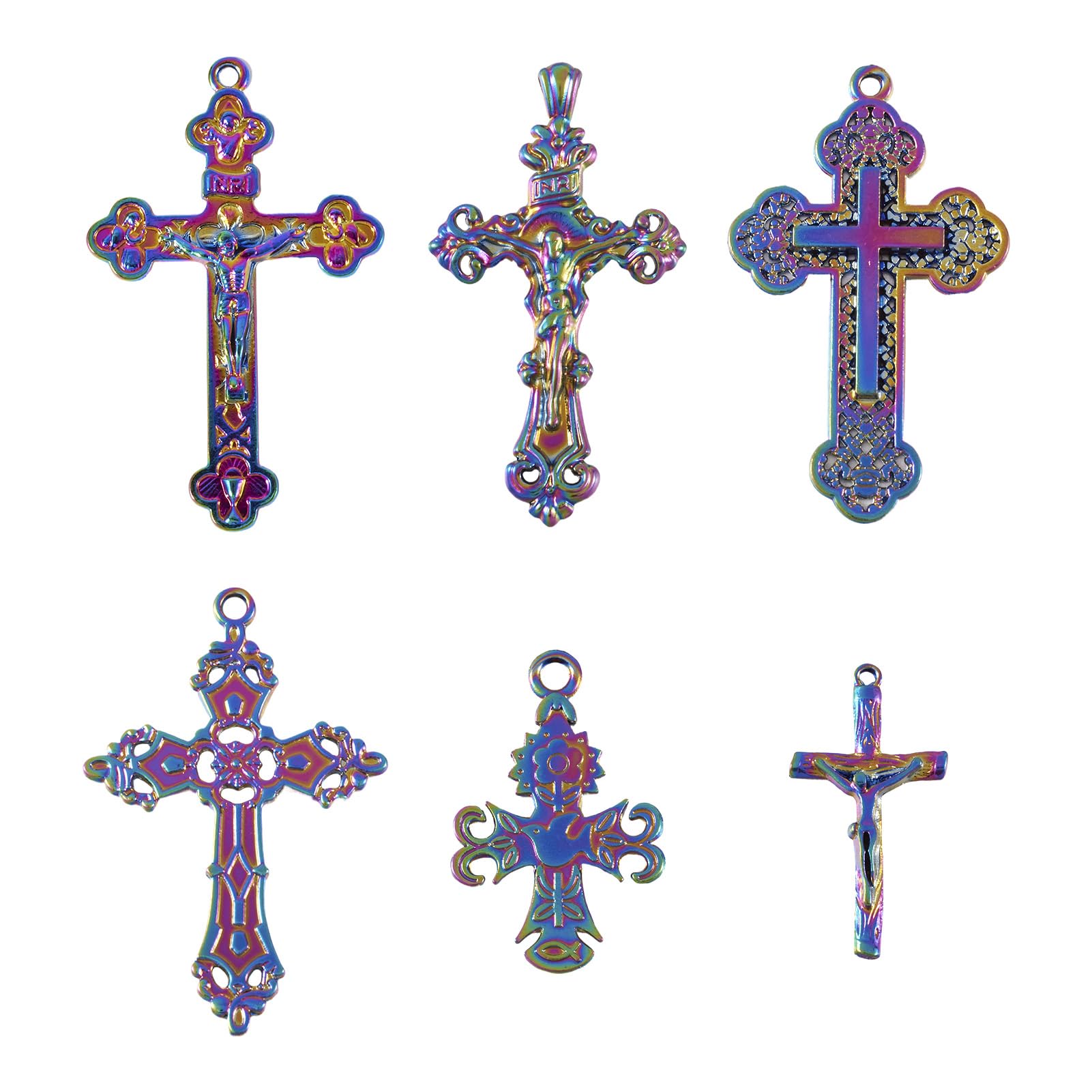 PandaHall 12pcs Alloy Rosary Cross Charms Pendant Rainbow Color Cross with Jesus Bird Crucifix Metal Dangle Charms for Easter Necklace Jewelry Making
