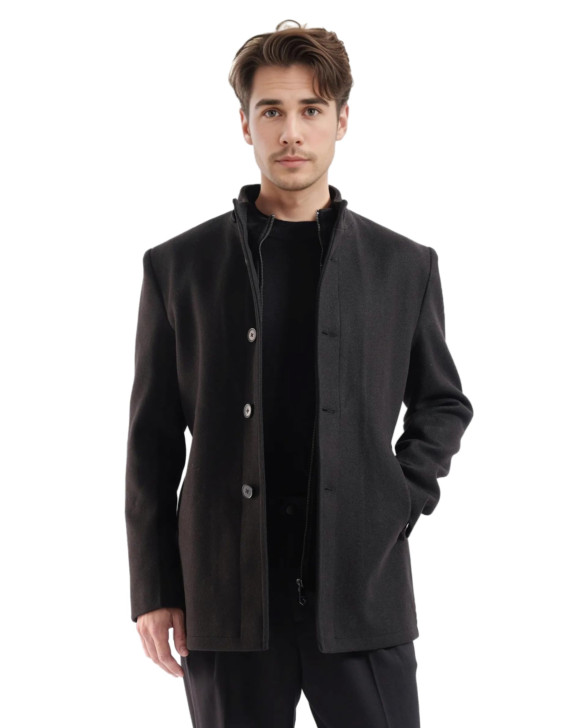 rare rabbit Men Fanzo Relaxed Solid Polyester Stand Collar Long Sleeve Coat-picture-13