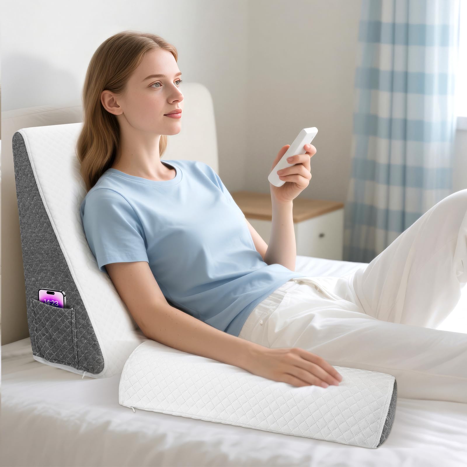Almohada versátil en cuña con almohada cervical, espuma viscoelástica 25D, cojín de lectura para cama y sofá, almohada ergonómica para reflujo de apnea del sueño, cojín lumbar, cojín para piernas