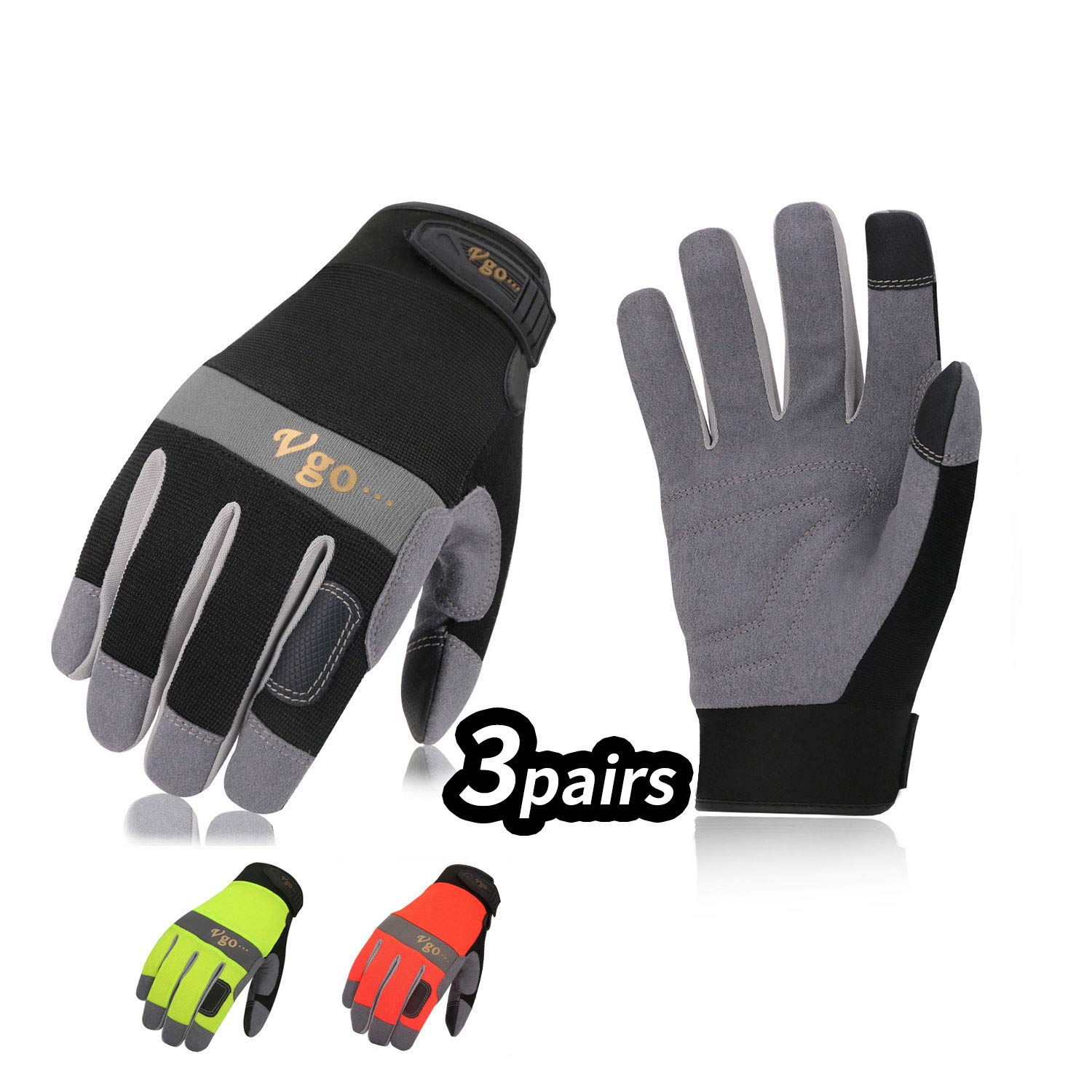 Vgo 3Pairs Synthetic Leather Work Gloves (3Colors,SL7584)