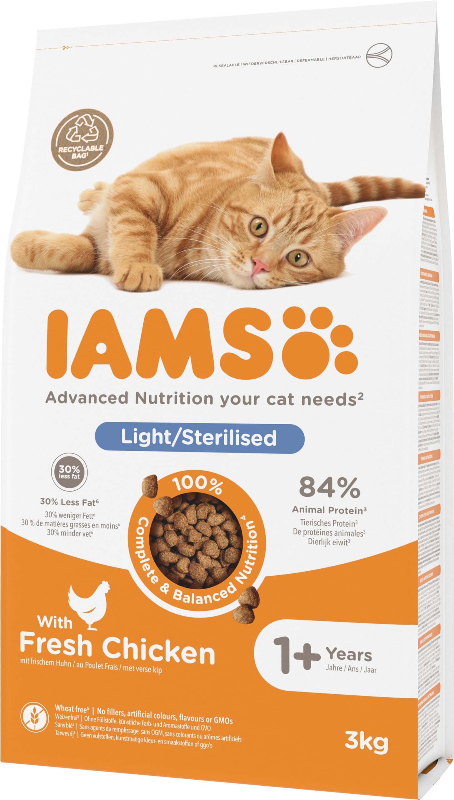 IAMS Alimento seco para gatos esterilizados - comida seca para gatos adultos de más de 1 año con pollo fresco, 3 kg