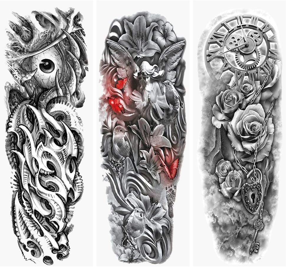 18 Sheets glaryyears Temporary Tattoos for Men - 12 pieces Full Arm Temporary Tattoos Sleeve for Adult + 6 pieces Hands Tattoo Stickers for Boys Dark Black Style
