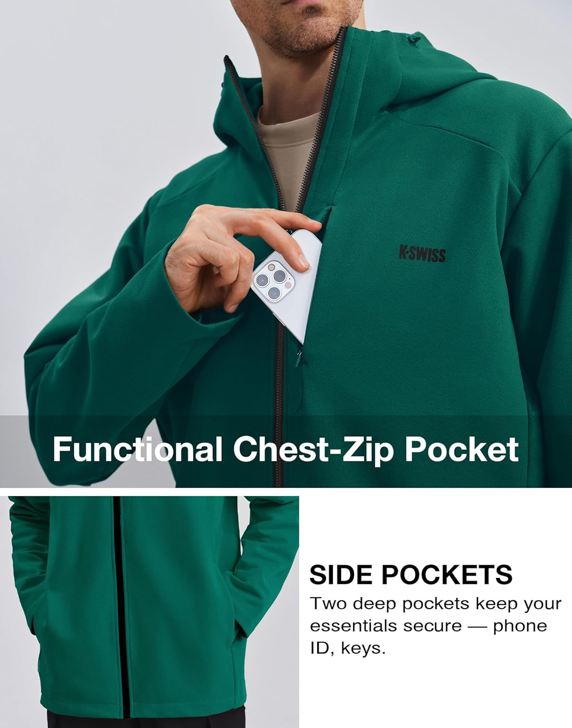 K-Swiss Mens Lightweight Softshell Jacket - Oversized Hooded Zip Up Coat with Front Zipper Pocket for Casual Outdoor Winter - Image 3