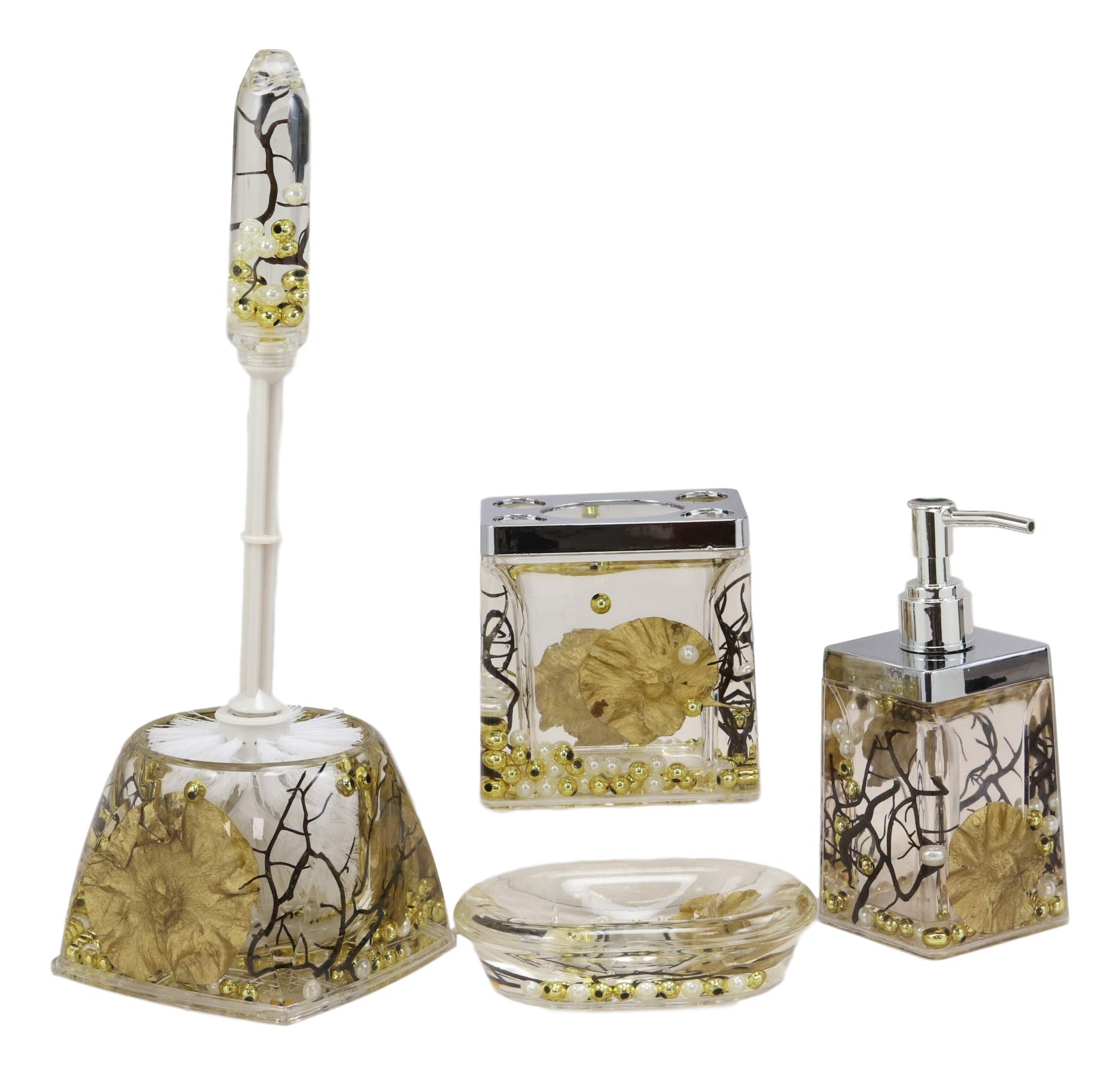 Ebros Nautical Coastal Pearls Shells Liquid 3D Floating Motion Bathroom Gift Set 5 Pc Accessories Toothbrush Toothpaste Holder Soap Dish Toilet Brush & Base and Hand Sanitizer Dispenser (Fancy Gold)