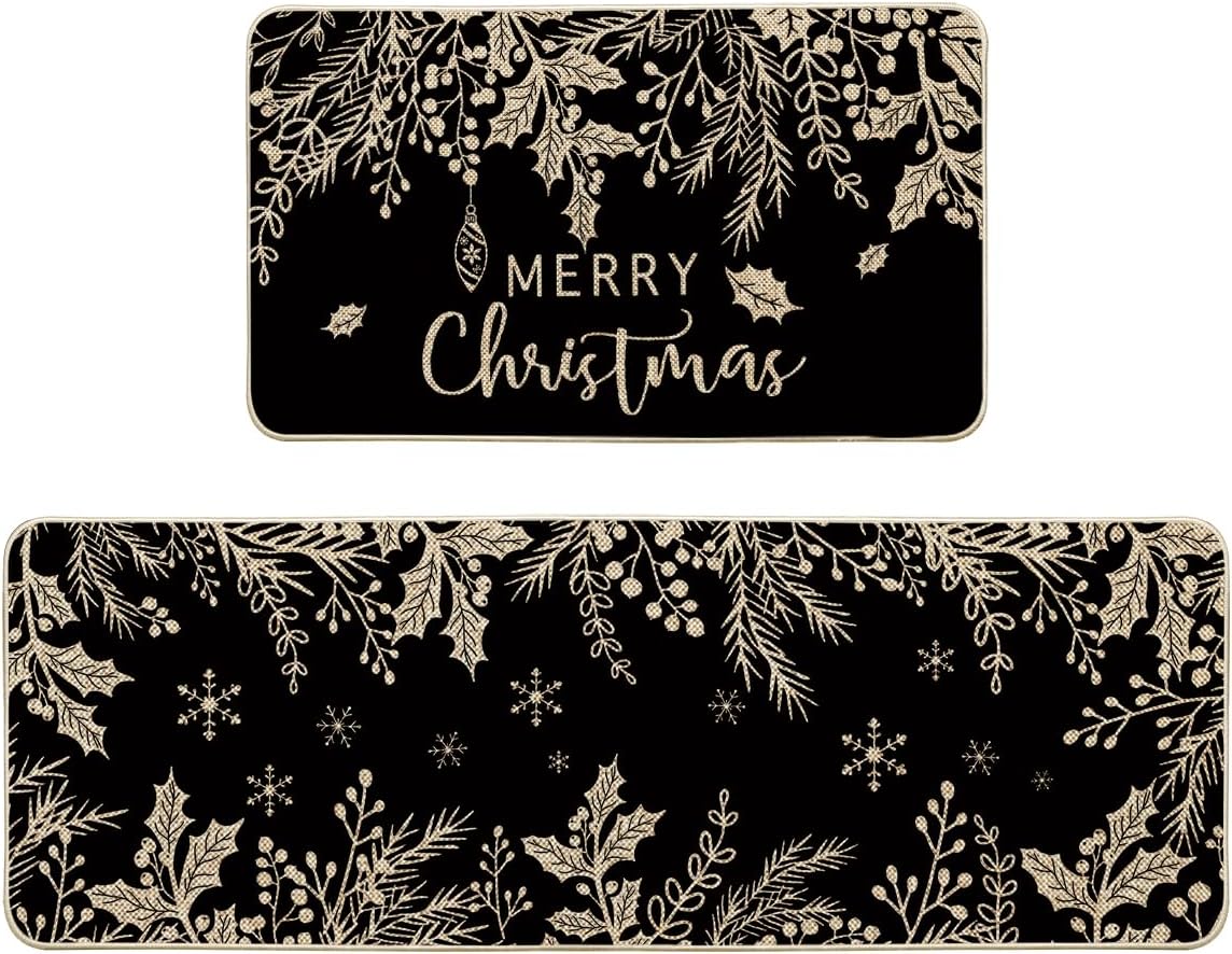 Artoid Mode Black Holly Pine Branches Merry Christmas Kitchen Mats Set of 2, Winter Decor Low-Profile Kitchen Rugs for Floor – 17×29 and 17×47 Inch Artoid Mode Black Holly Pine Branches Merry Christmas Kitchen Mats Set of 2, Winter Decor Low-Profile Kitchen Rugs for Floor – 17×29 and 17×47 Inch