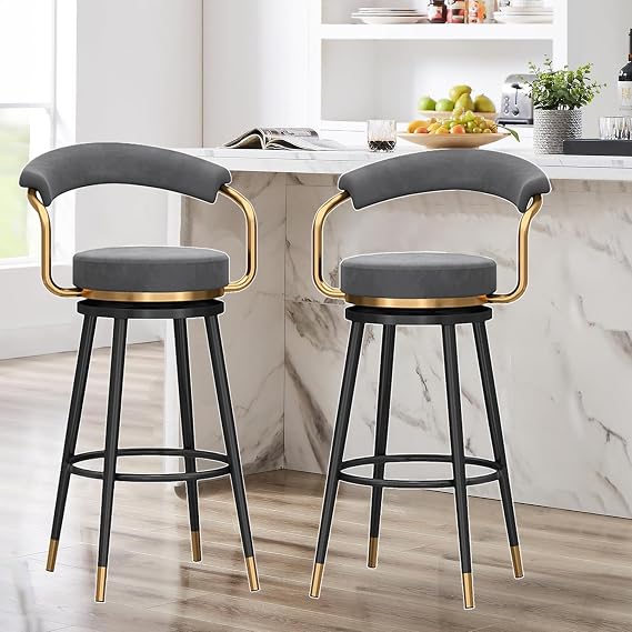 Bar Stool Modern Swivel Bar Stool, 1PC Counter Height Chair with Hollow Back & Metal Legs, Stylish Kitchen Island Seating, 65cm Seat Height, Grey Bar Stool for Home & Restaurant