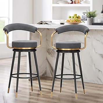 Bar Stool Modern Swivel Bar Stool, 1PC Counter Height Chair with Hollow Back & Metal Legs, Stylish Kitchen Island Seating, 65cm Seat Height, Grey Bar Stool for Home & Restaurant