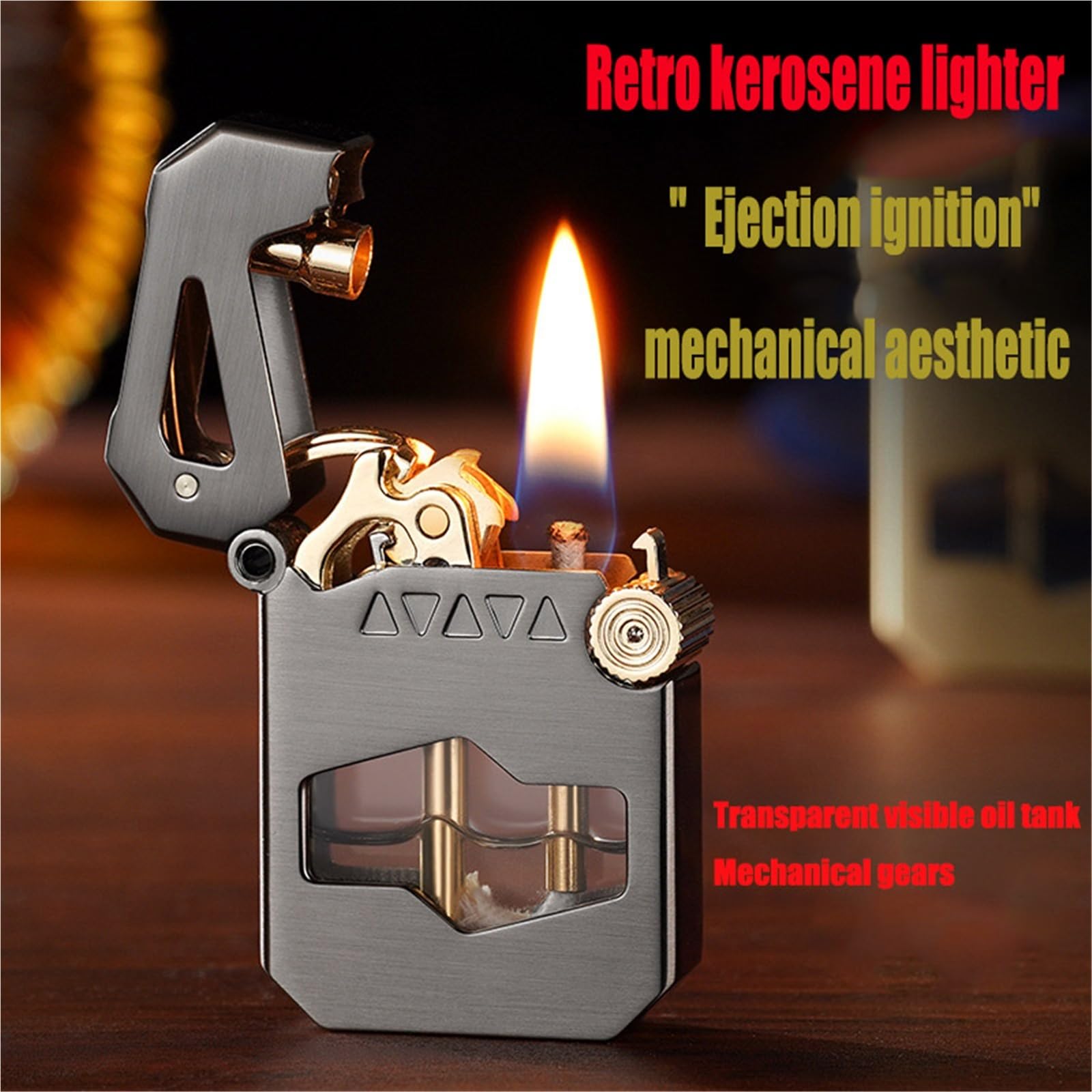 Encendedor mecánico de queroseno, resistente al viento, con depósito de aceite transparente, perfecto para uso en exteriores y colecciones de regalos