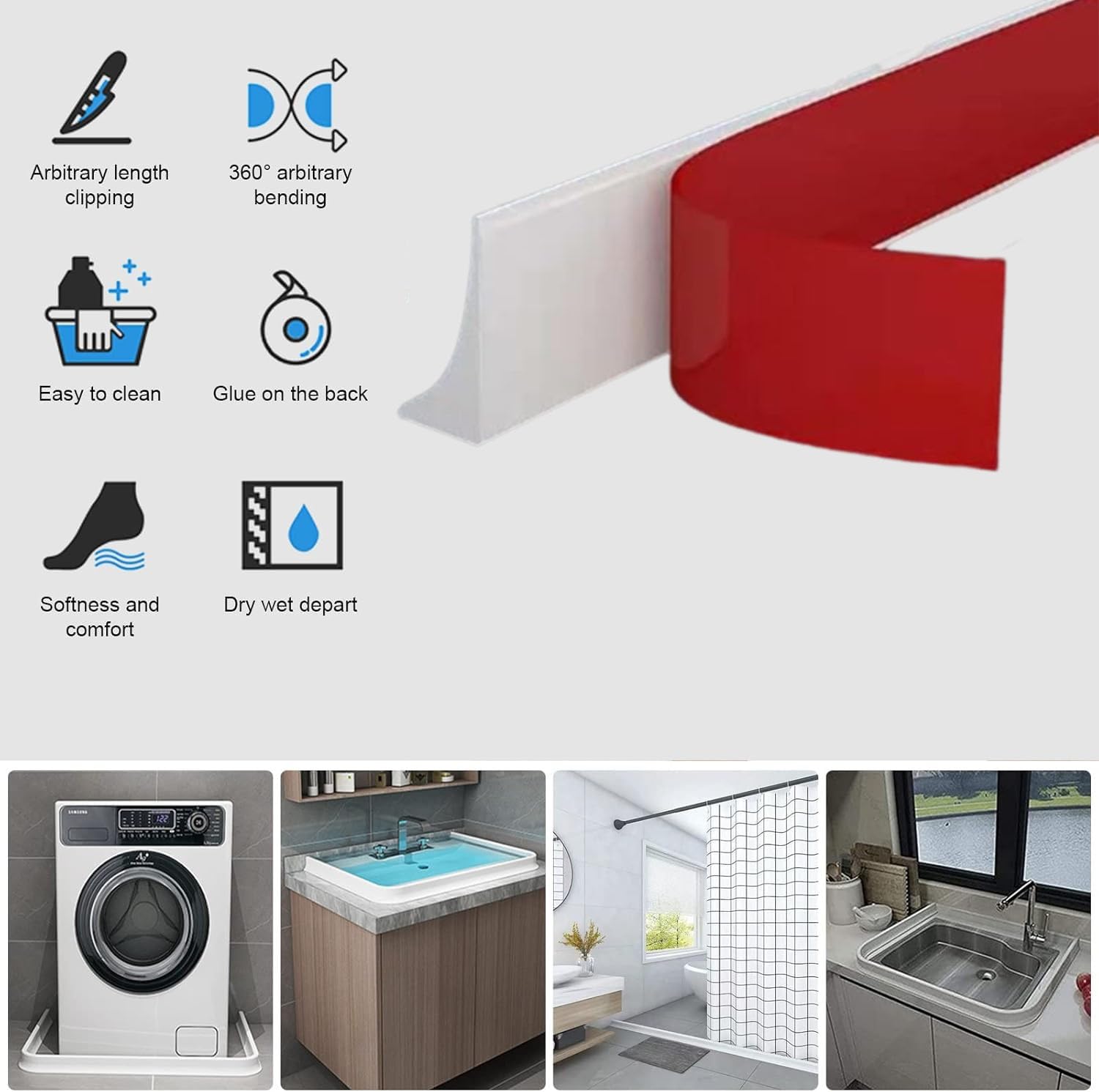 Tira impermeable para umbral de ducha, autoadhesiva, plegable, barrera de agua para baño o cocina, cinta selladora, protector de suelo, gris, 350 cm de largo
