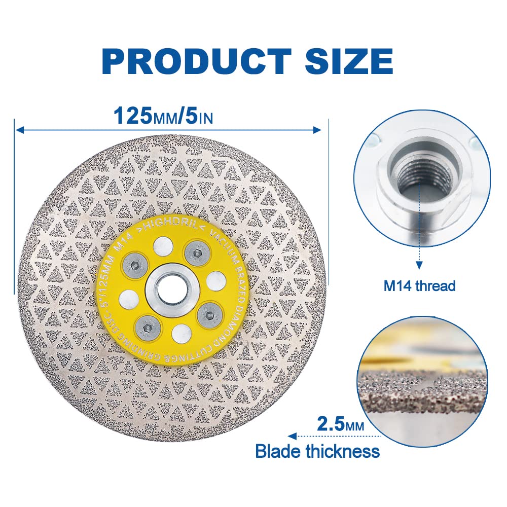 HIGHDRIL Disco Diamante para Porcelanico - 125mm x M14 Soldadura al Vacío Disco de Corte y Desbaste para Mármol Granito Hormigón Cerámica Porcelánico