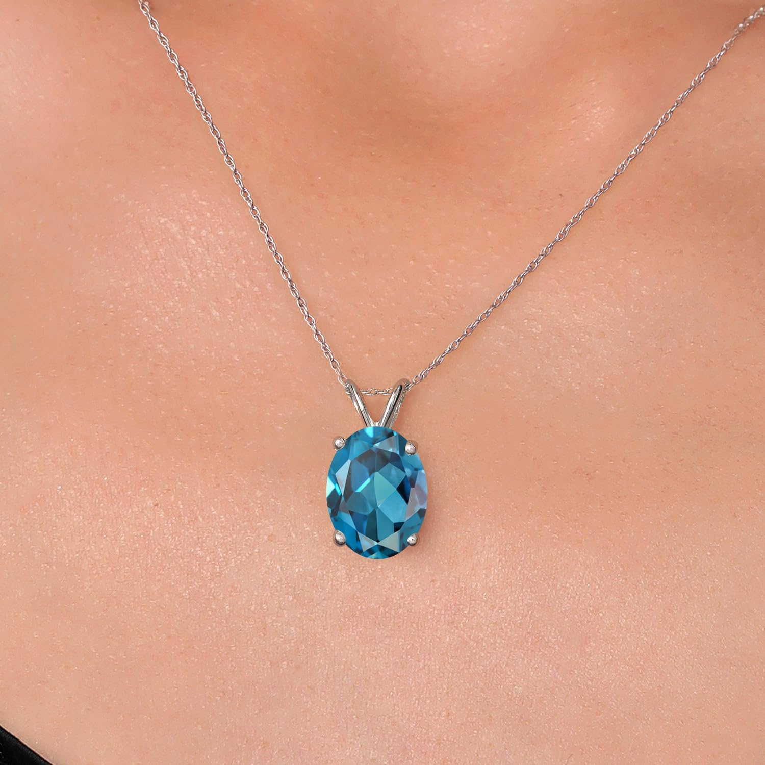 Gem Stone King 14K White Gold London Blue Topaz Pendant Necklace for Women | 6.00 Cttw | Gemstone November Birthstone | Oval 12X10MM | With 18 Inch Chain - Image 3