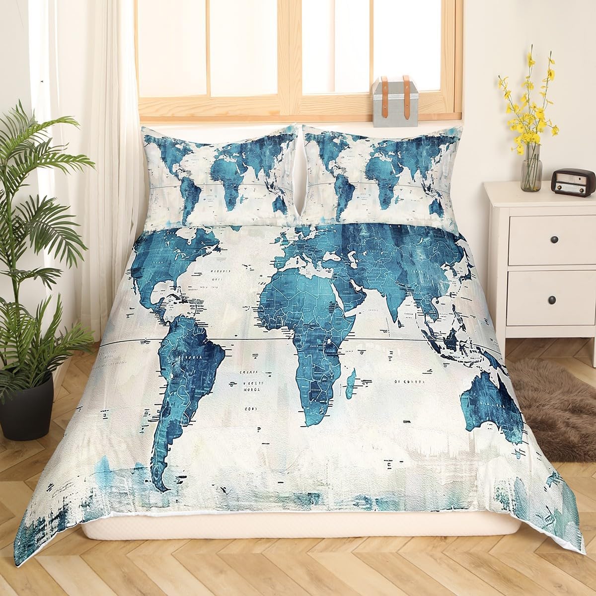 World Map Bedding Set King Size Vintage Abstract Art Duvet Cover for Boys Girls Map Of Various Countries Comforter Cover Geography Blue Ocean Bedspread Cover Retro World Map Print Bedding 3 Pcs