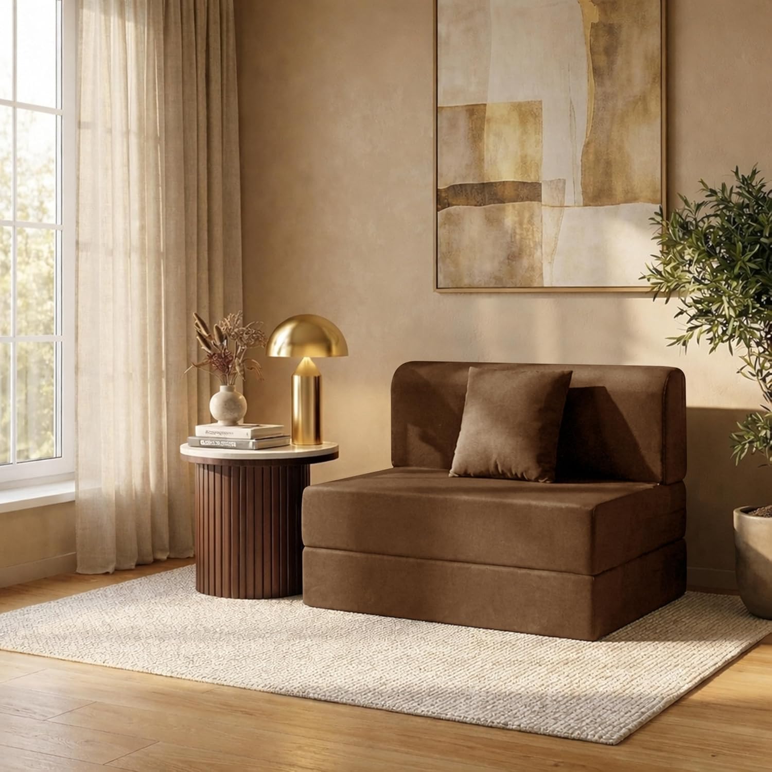 Rosebell Single Seater Foldable Sofa Cum Bed (3x6 Feet) – Jute Fabric, Washable Removable Cover, Includes Cushion | Space Saving Sofa Bed for Home, Office-Brown-image-7