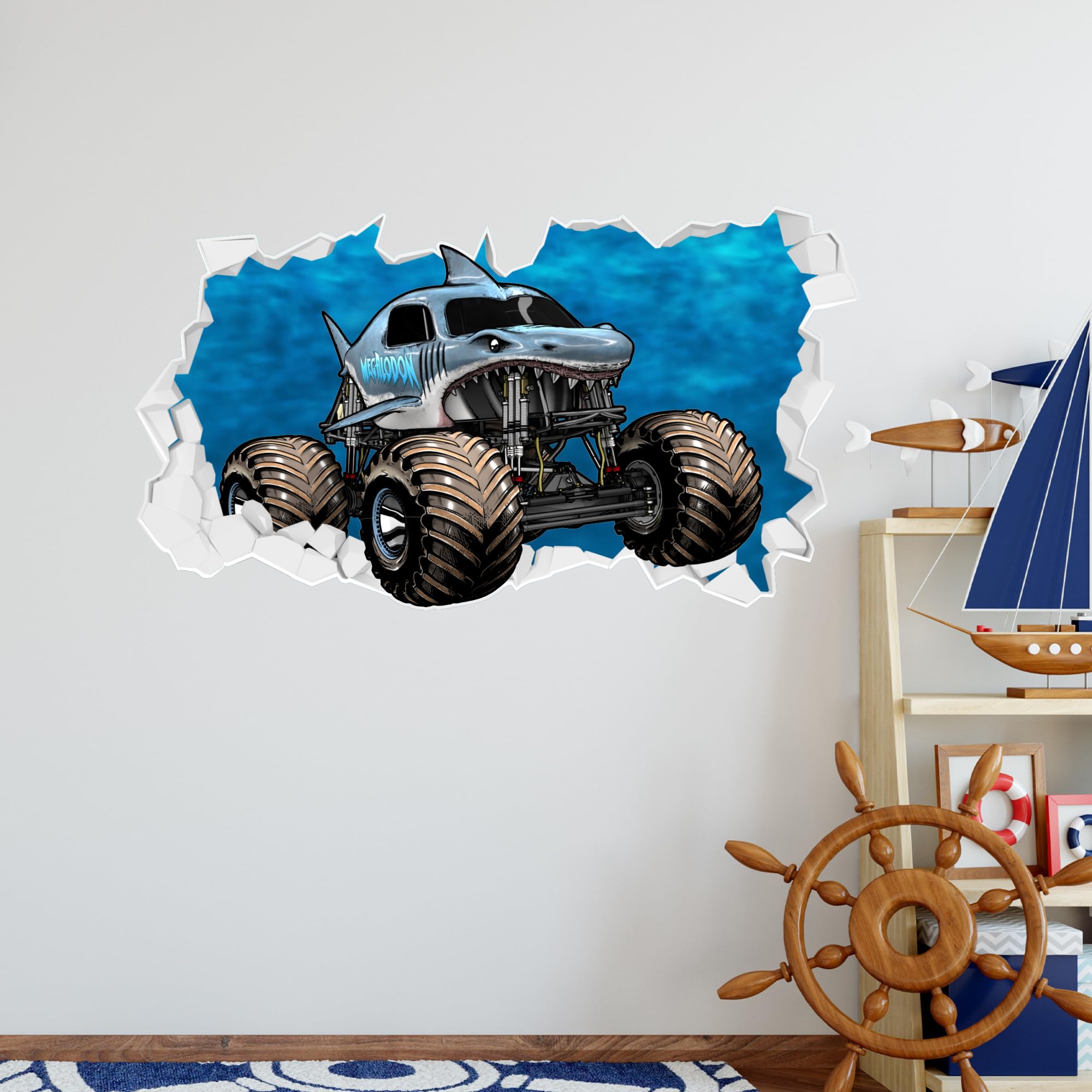 Monster Jam Wall Sticker - Megalodon Driving Through Broken Wall Decal Art (90cm Width x 50cm Height)
