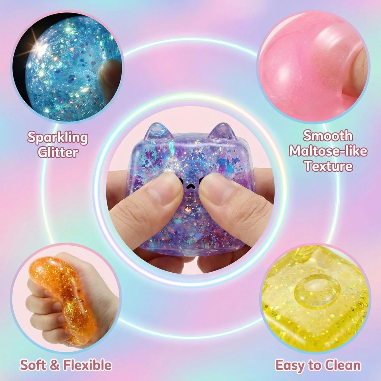 Aurora Kitten Malt Sugar Toy - Iridescent Cat Shape Stress Fidget, Soft Squeeze Decompression Ball