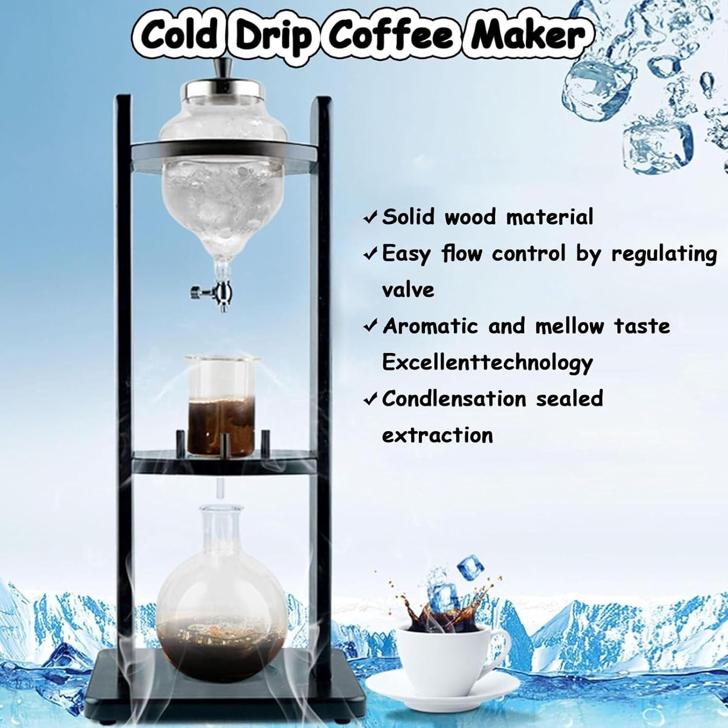 Ice Drip Coffee Maker, Cold Brew Drip Coffee Pot, Pine Wood Glass Tower with Adjustable Dripper for Home Commercial Use