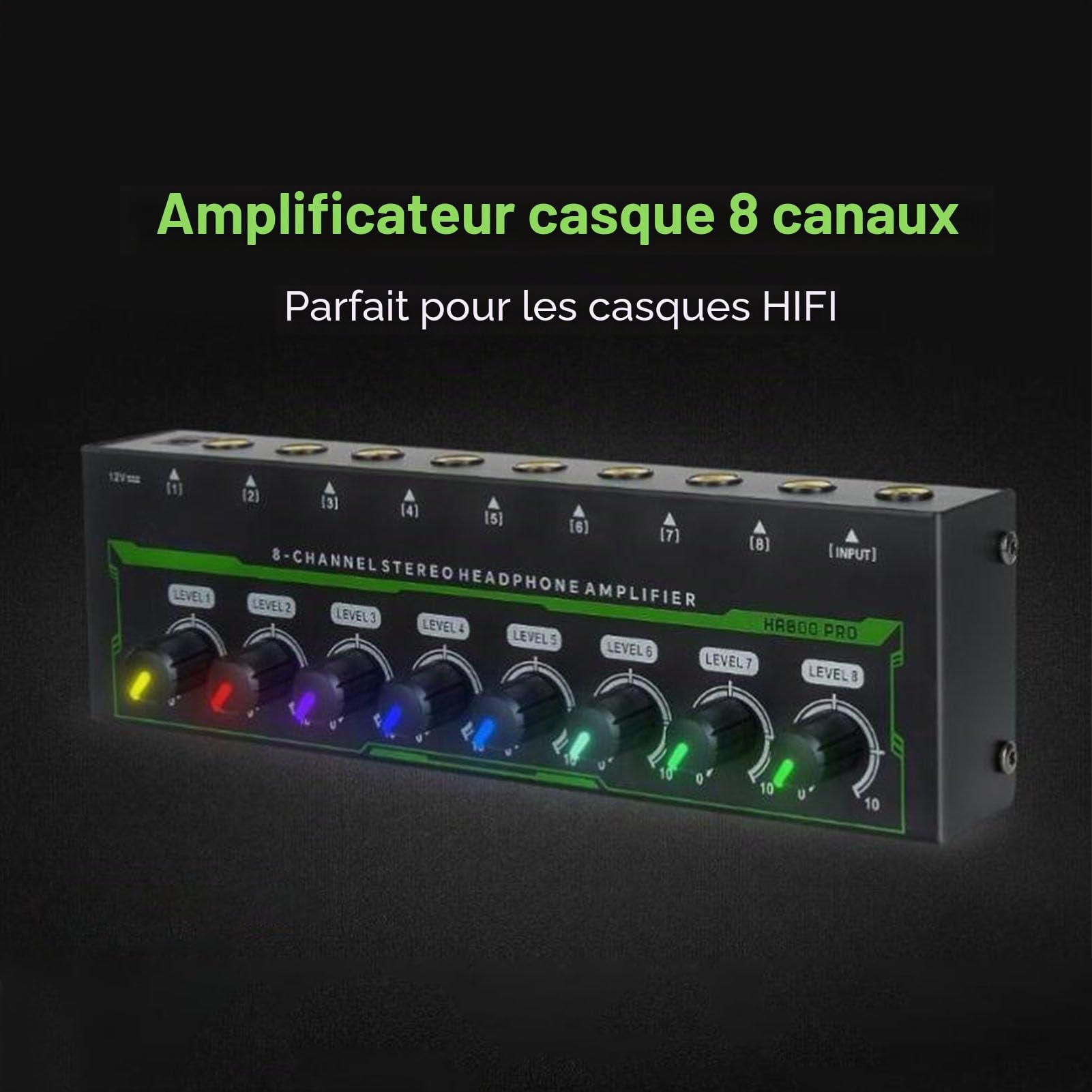Jectse Amplificateur de Casque 8 Canaux, Amplificateur Audio Stéréo en Métal avec Prise Jack 6,35 Mm, Contrôle du Volume, Répartiteur de Casque Multi-Ports pour Studio D'enregistrement,