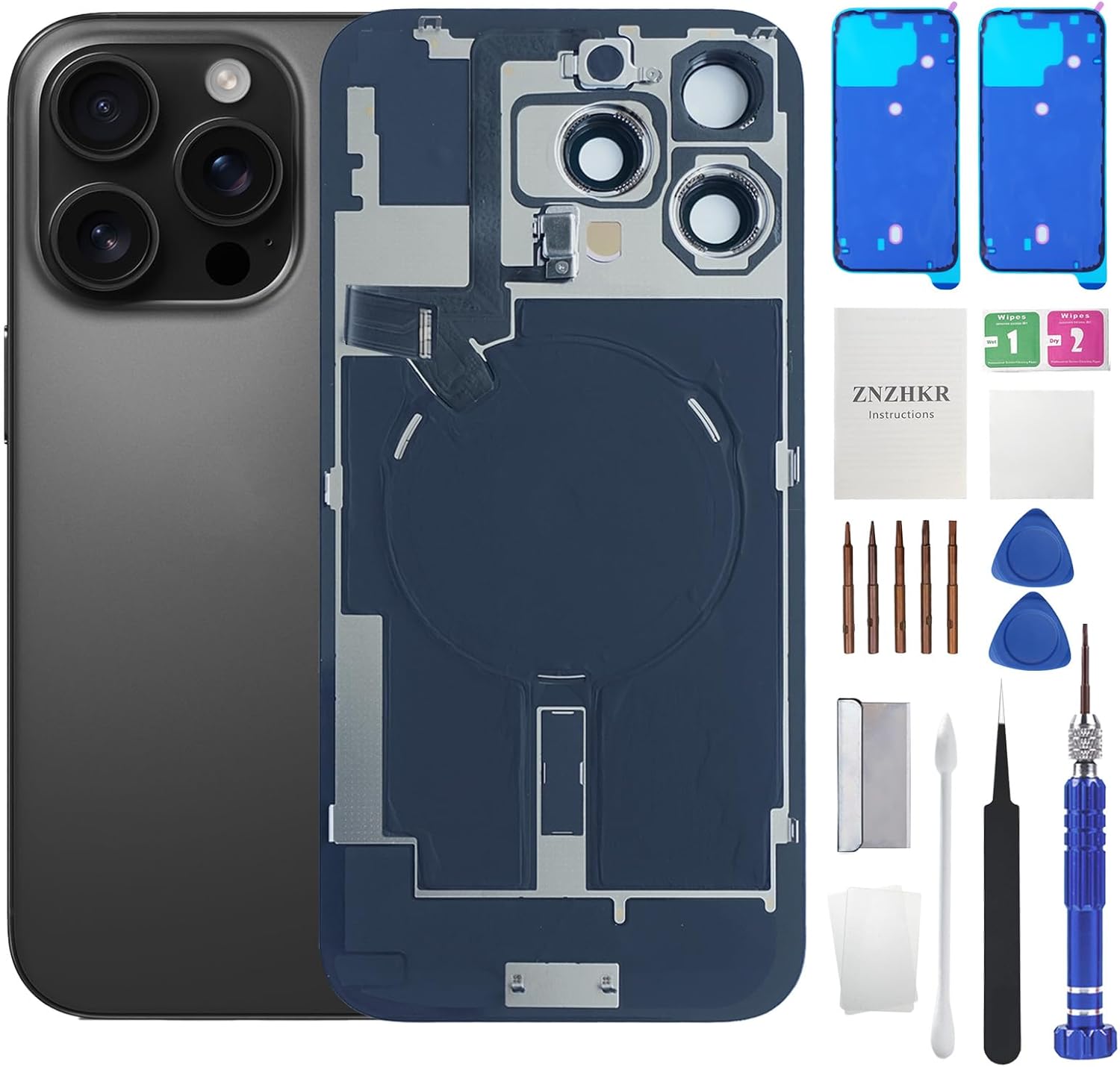 16 Pro Max Back Glass Replacement with Wireless Charging Flex Cable and Camera Frame All Parts for iPhone 16 Pro Max(6.9 Inch Natural Titanium) Replacement of Equipment Waterproof Tape