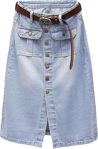 Women Denim Midi Skirt High Waisted 4 Pockets Button Front Jean Skirts with Belt