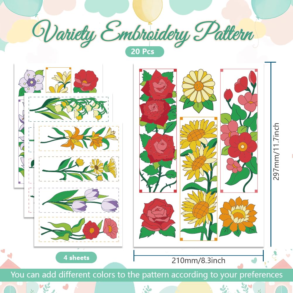 GLOBLELAND 4 Sheets Flowers Bookmarks Colorful Water Soluble Hand Sewing Stabilizers Floral Plants Wash Away Embroidery Stabilizer Embroidery Stitch Practice for Embroidery Beginners Lovers