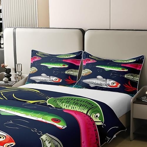 Miniatura 4 de Juego de funda de edredón de algodón con patrón de pez, tamaño matrimonial, juego de ropa de cama de pesca con anzuelo de peces para niños, niñas,