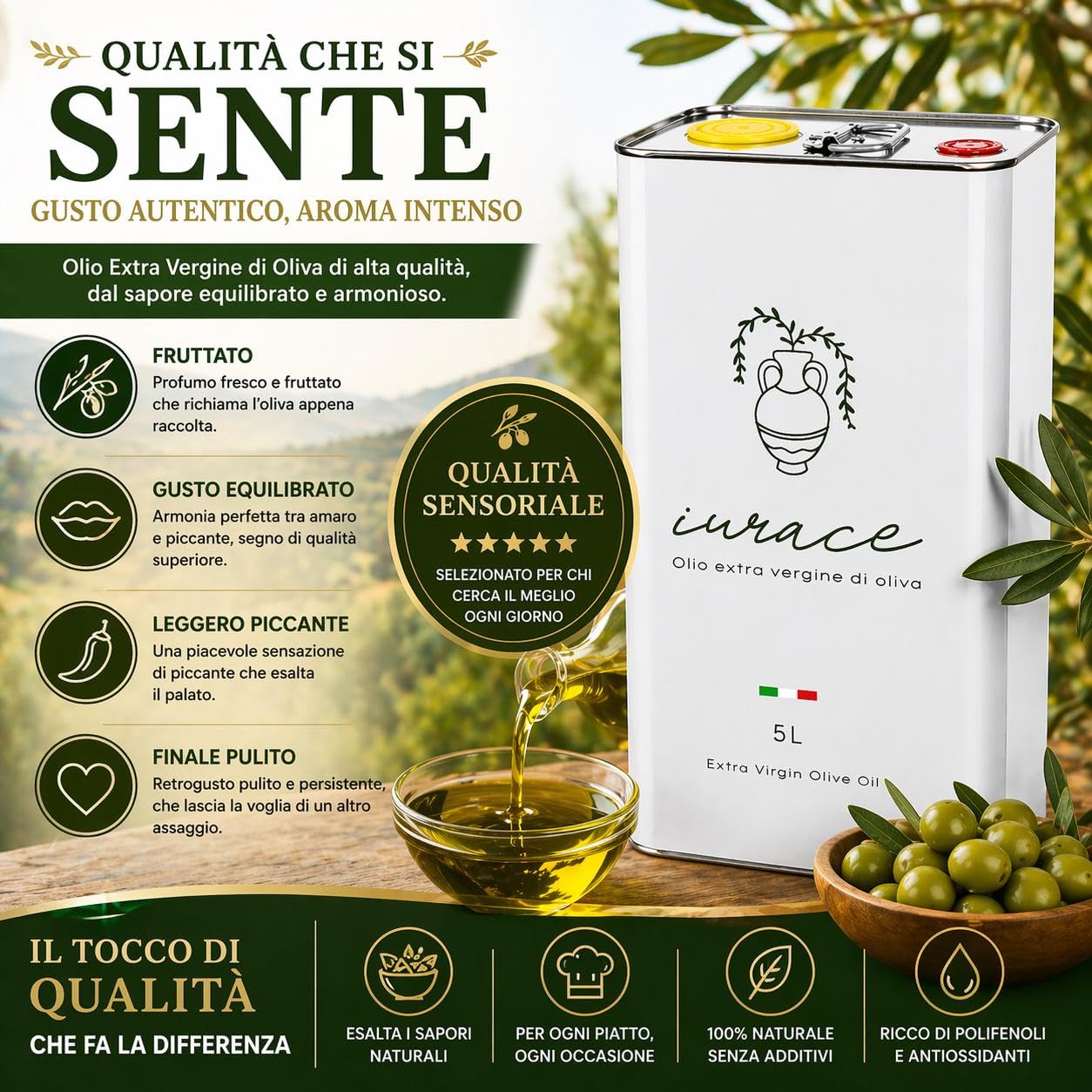 Olio Extravergine di Oliva 100% Italiano – Calabria Ionica – Blend Pregiato di Carolea, Pendolino e Cultivar Locali – Estratto a Freddo – IURACE