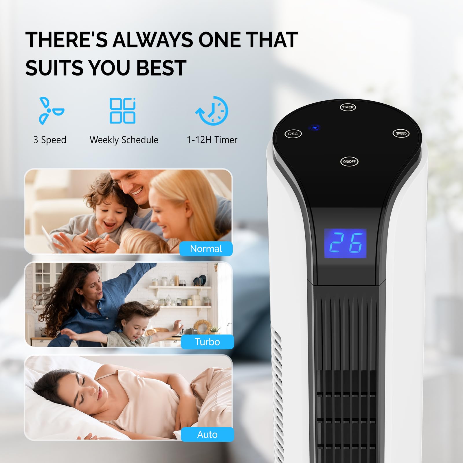 ROVSUN Ventilatore a Torre Silenzioso 40 dB, Potente 7.6 m/s, Ventilatore Colonna con Telecomando, 3 Velocità, 3 Modalità, Oscillazione 60°, Timer 12 H, Electric Fan 65 W