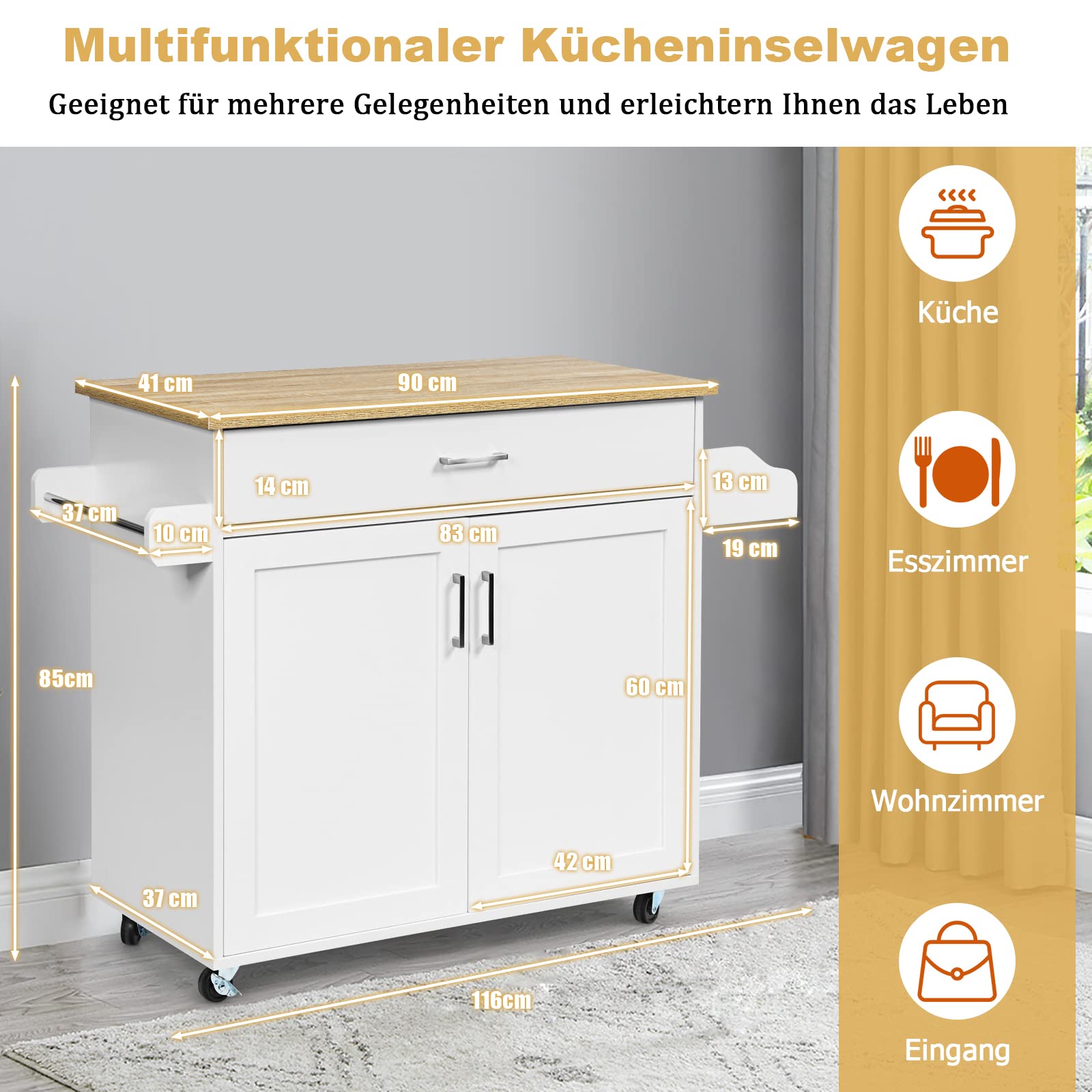 GOPLUS Carro de servir con cajón y armario, carrito de cocina enrollable con divisores ajustables, 2 ruedas con freno, de madera, estilo rústico, para cocina, restaurante (blanco)