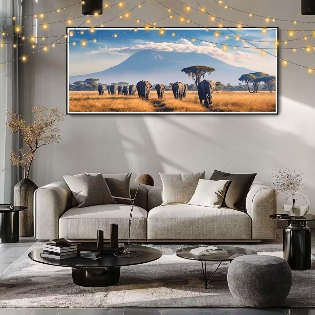 Malarstwo diamentowe 5D, obraz diamentowy 5D, słoń, łąka, pełna mozaika, dla dzieci, dla dorosłych, duży (50 x 125 cm), obraz do dekoracji domu 8Y-8587