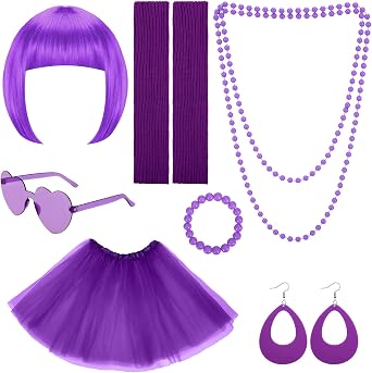 Colorful Short Bob Wigs Set with Party Neon Wig Tutu Skirt Leg Sleeve 80s Accessories for Bachelorette Party Costume