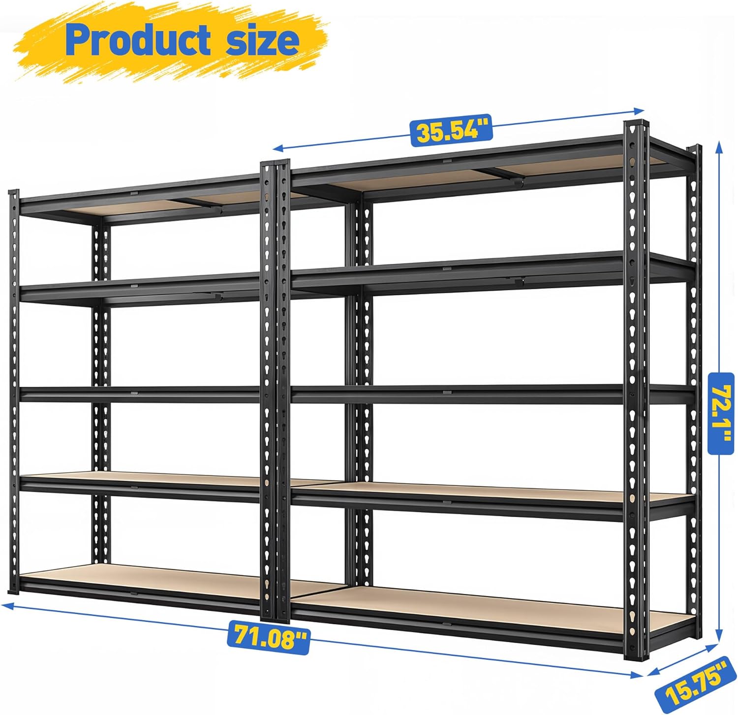 REIBII Set of 2 Garage Shelving, 2015LBS Adjustable Metal Shelving, 5 Tier Storage Shelves for Garage, Pantry, Kitchen, Basement 72.1" H x 35.54" W x 15.75" D Heavy Duty Shelving Unit