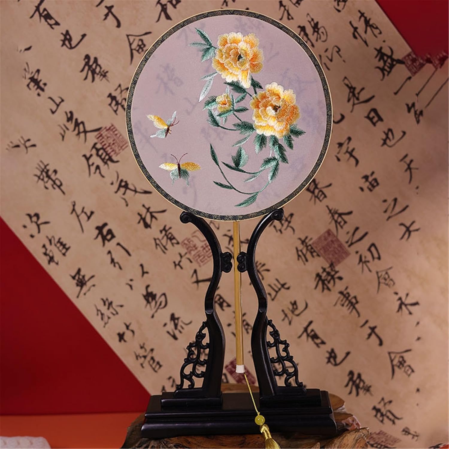 Round Hand Fan Double-sided Embroidered Fan Round with Tassel for Outdoor,Travel,Events