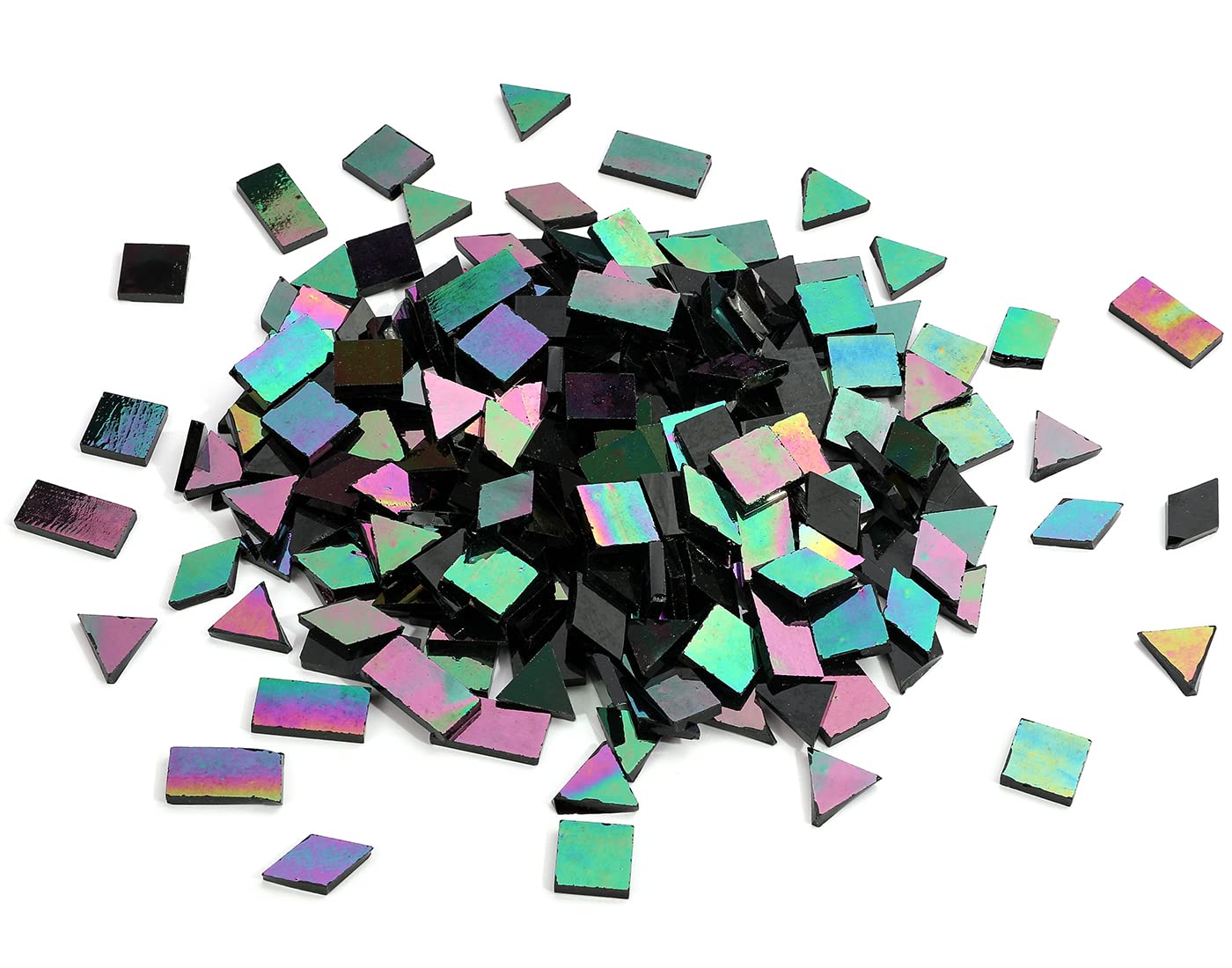 Lanyani Glass Mosaic Tiles for Art Crafts,4 Shapes Mixed Tiffany Stained Glass Pieces,200 Pieces,Square/Rectangle/Diamond/Triangle,Iridescent Black