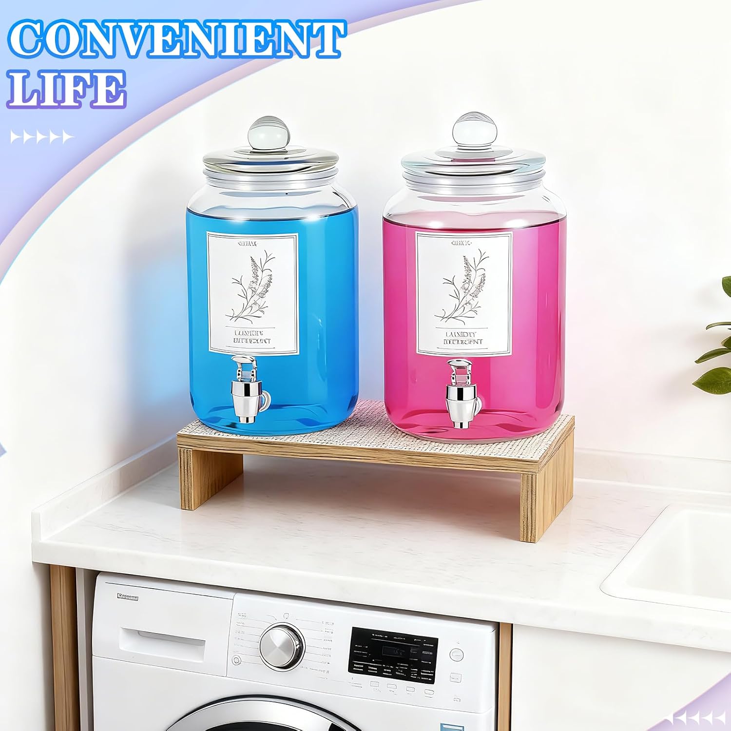 2 Sets 3 L Glass Laundry Detergent Dispenser,Liquid Laundry Detergent Container with Stand,Lids,Labels & Measuring Cup Liquid Fabric Softener Dispenser for Organization and Storage
