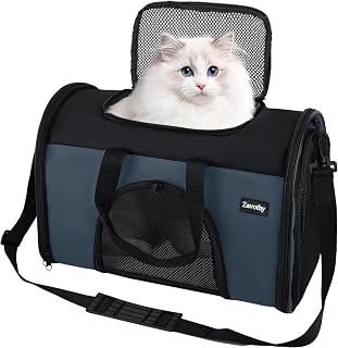 Zavothy Transport Bag for Cats and Dogs, Transport Bag, Breathable and Foldable, Cat Basket with Adjustable Strap, Removable Plush Mattress (Dark Blue,S)