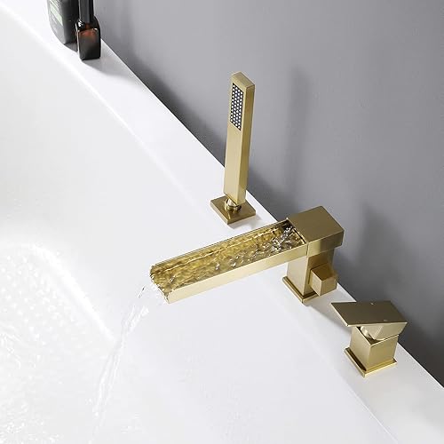 Miniatura 5 de TapLong Grifo de llenado de bañera en cascada con ducha de mano, juego de grifo de bañera romano generalizado, montaje en cubierta, 3 agujeros, Oro