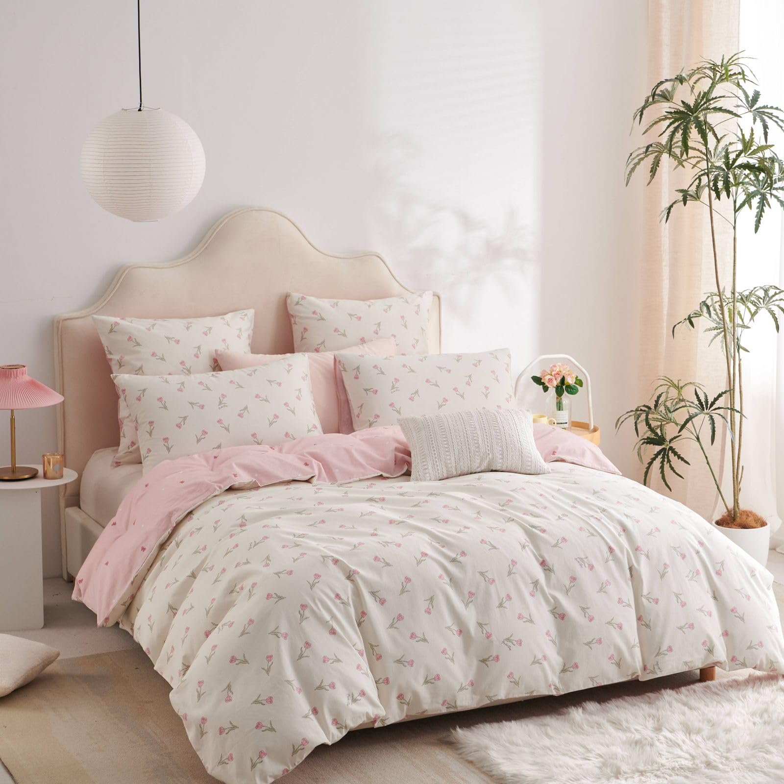 Freyamy Blumen Bettwäsche 135x200cm 2teilig Baumwolle Weiß Rosa Grün Floral Blätter Pflanzen Bettwäsche Blumenmuster Mädchen Bettbezug mit Reißverschluss und Kissenbezug 80x80cm
